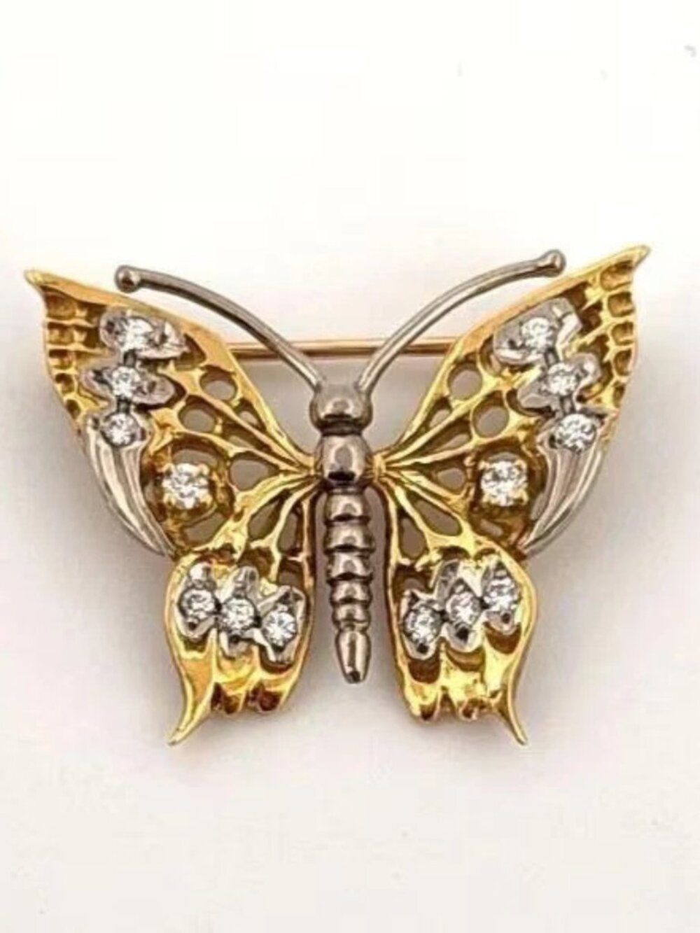 Estate 18K & 14K Yellow Gold Natural 20CTW Diamond Handmade Butterfly Brooch